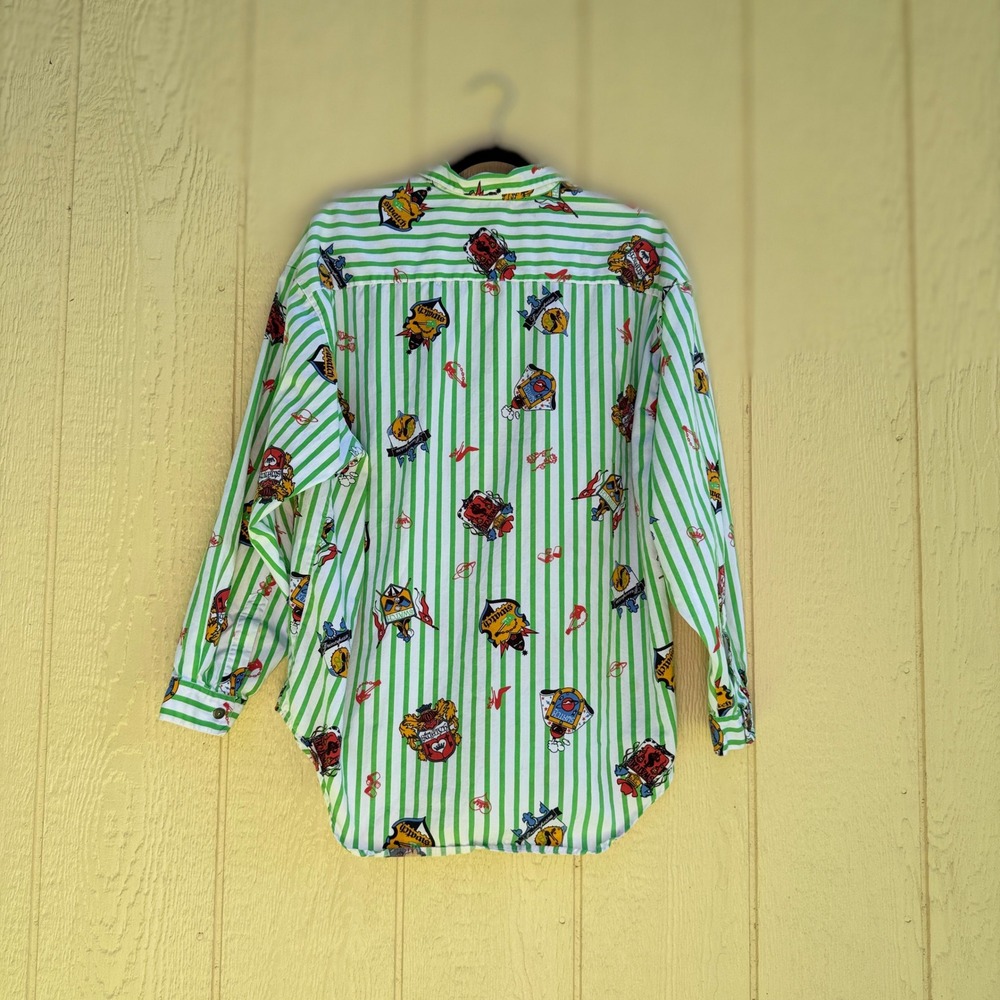 VTG! Swatch Green Striped Button Down Long Sleeve Shirt Big 2XL Quirky Logo - Picture 3 of 16